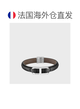 自营欧洲直邮Hugo Boss 男士黑色牛皮logo标识磁吸搭扣手链银饰