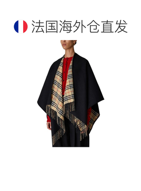 欧洲直邮自营Burberry博柏利 女士黑色/沙色格纹羊毛可翻转斗篷