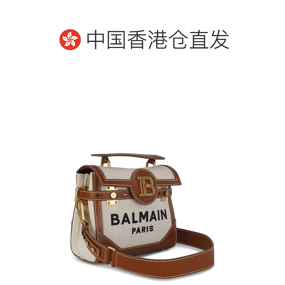 香港直邮Balmain女士BEIGE CANVAS AND BROWN LEATHER HANDLE BA-图1