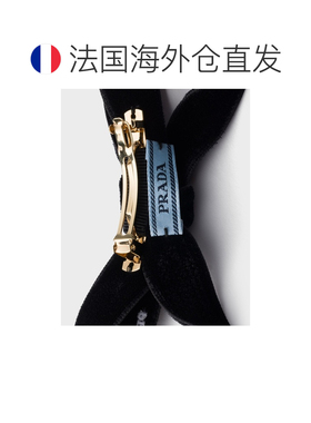 自营欧洲直邮PRADA普拉达 女士黑色丝绒蝴蝶结字母金属发夹配饰