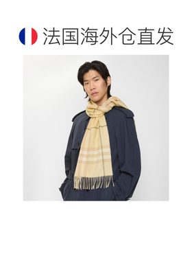 自营欧洲直邮Burberry博柏利 女士米黄色羊绒格纹流苏围巾