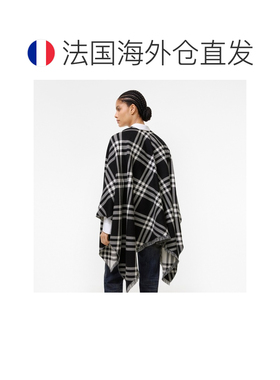 自营欧洲直邮Burberry博柏利 女士黑色/米色羊毛丝绸羊绒格纹斗篷