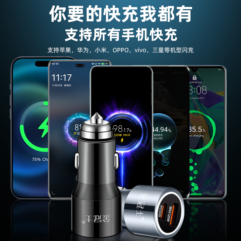 车载充电器适用苹果15超级快充安卓120W点烟器插头PD30W手机车充 - 图0
