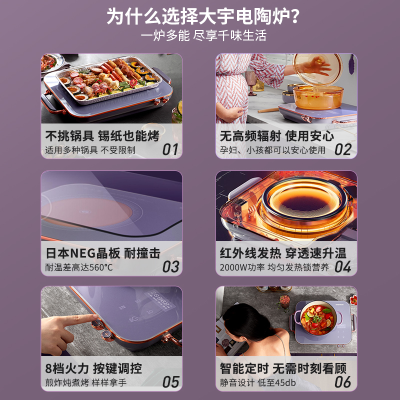 大宇泰拉专卖店大宇新款电陶炉家用小型火锅智能多功能一体锅套装电热磁炉2