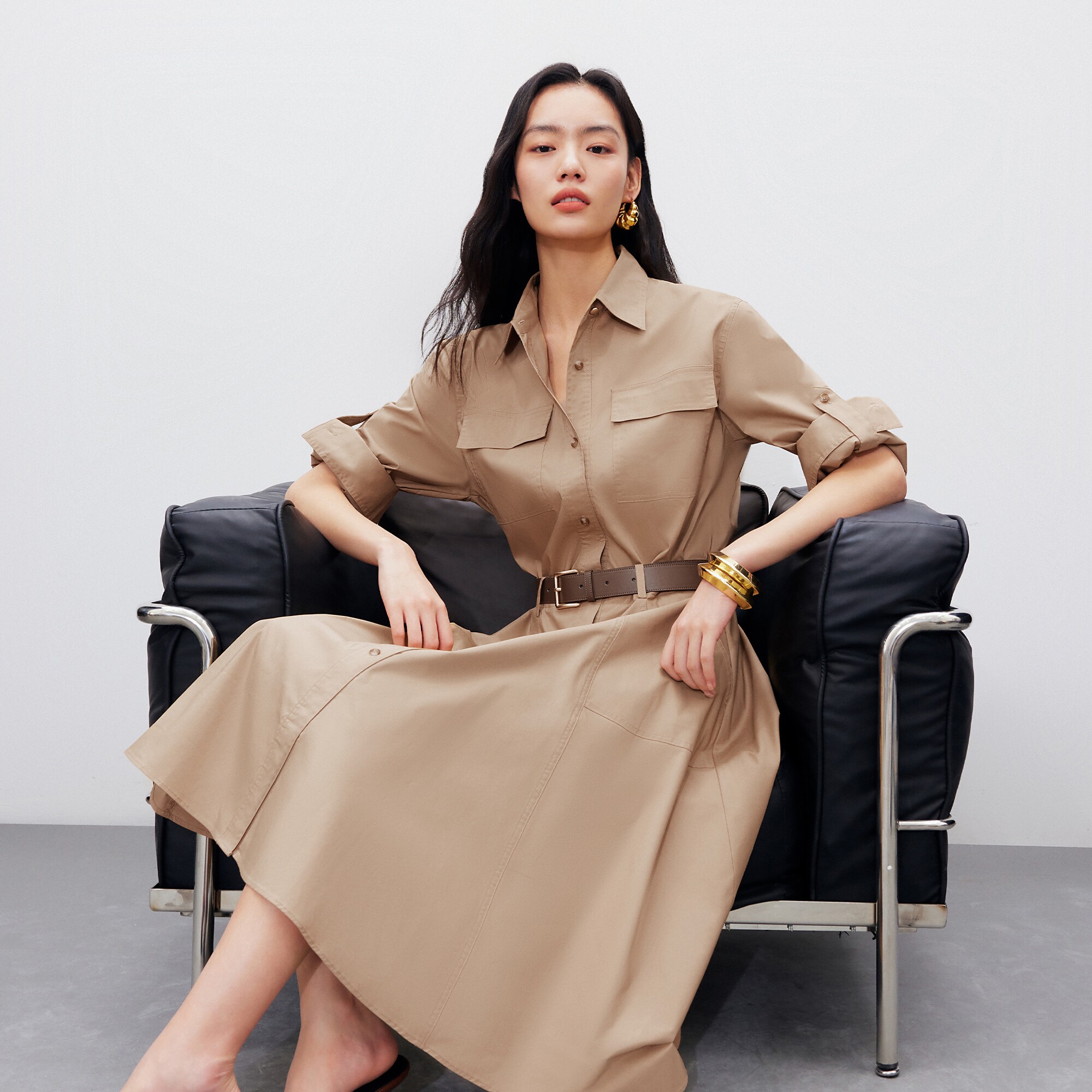 Vero Moda奥莱连衣裙女2026夏季新款腰带可调节袖袢纯色中长裙