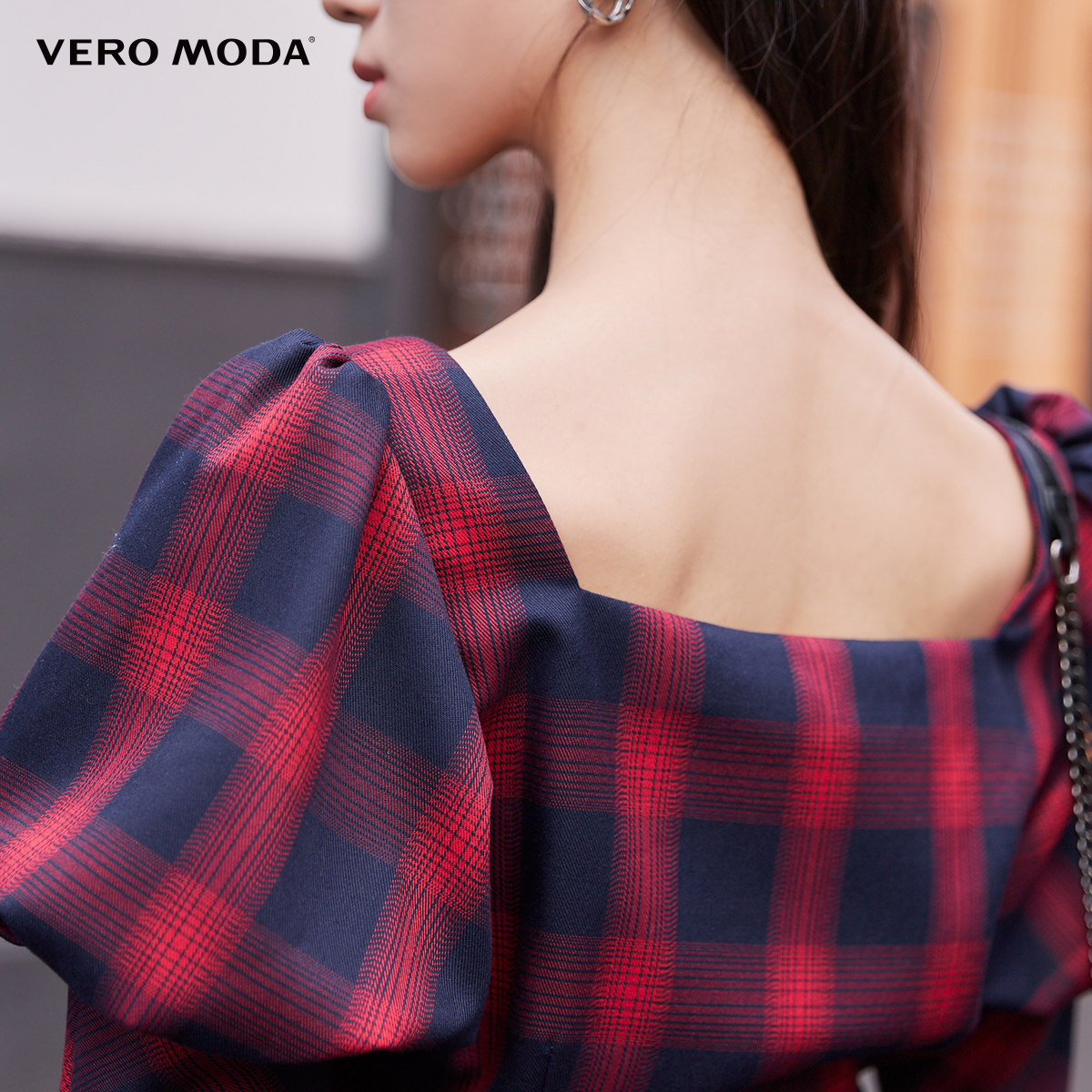 Vero Moda奥莱冬季清仓复古法式格纹褶皱泡泡袖气质长袖连衣裙子