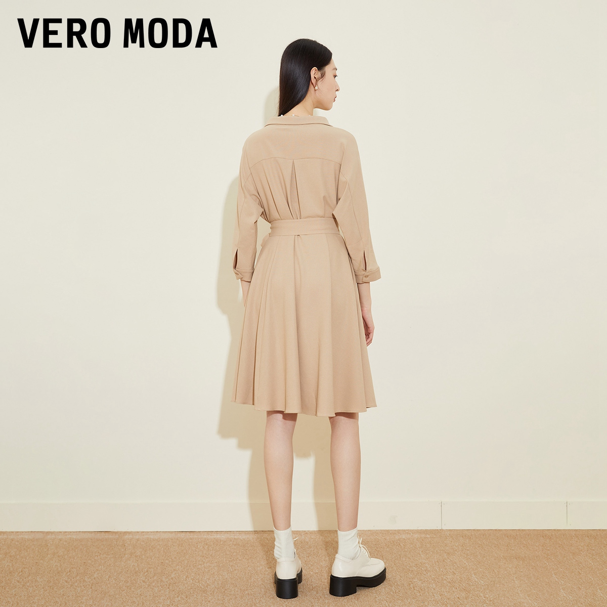 Vero Moda奥莱连衣裙子春秋清仓通勤优雅V领七分袖气质收腰女