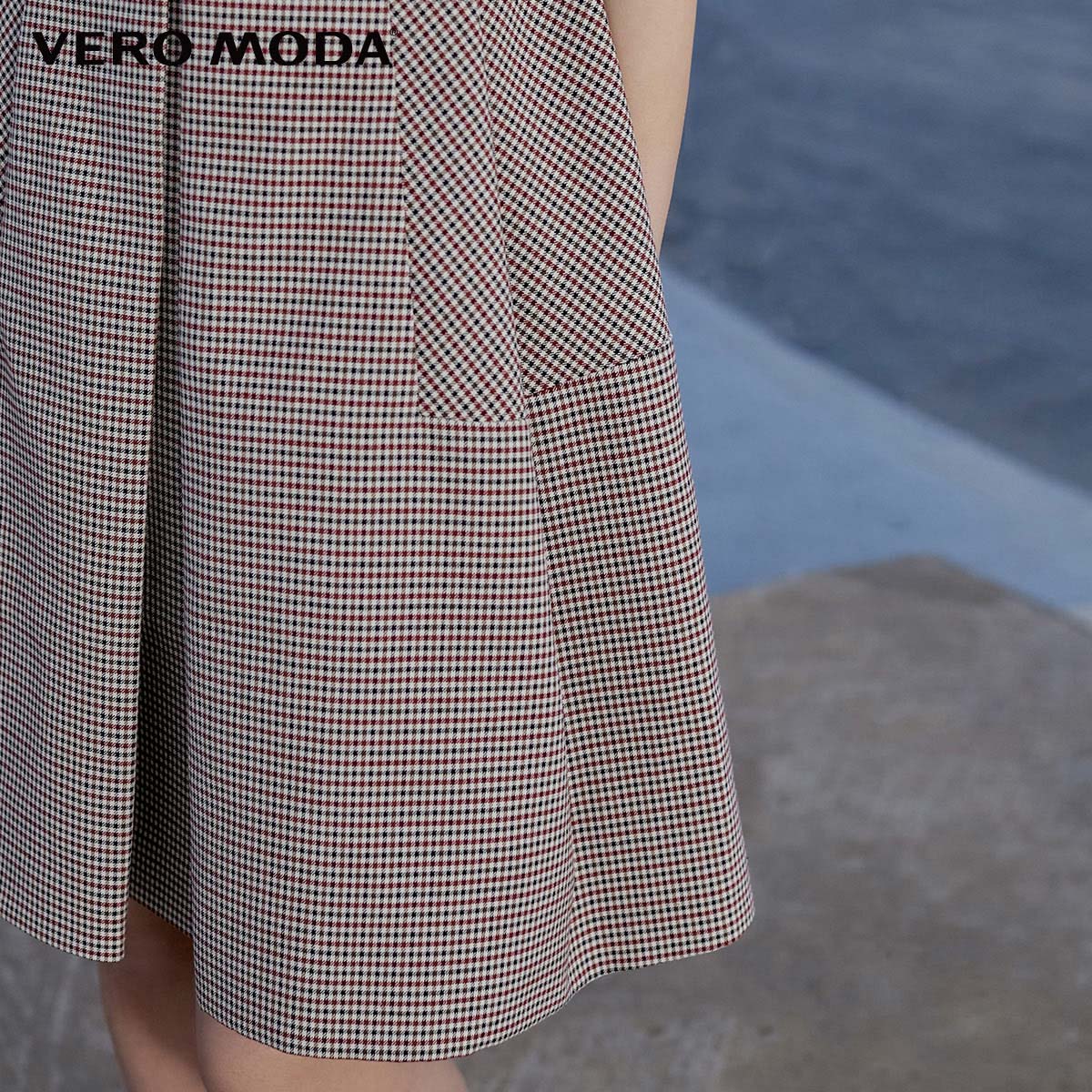 Vero Moda奥莱冬季清仓圆领格纹短袖优雅设计气质显瘦连衣裙子女