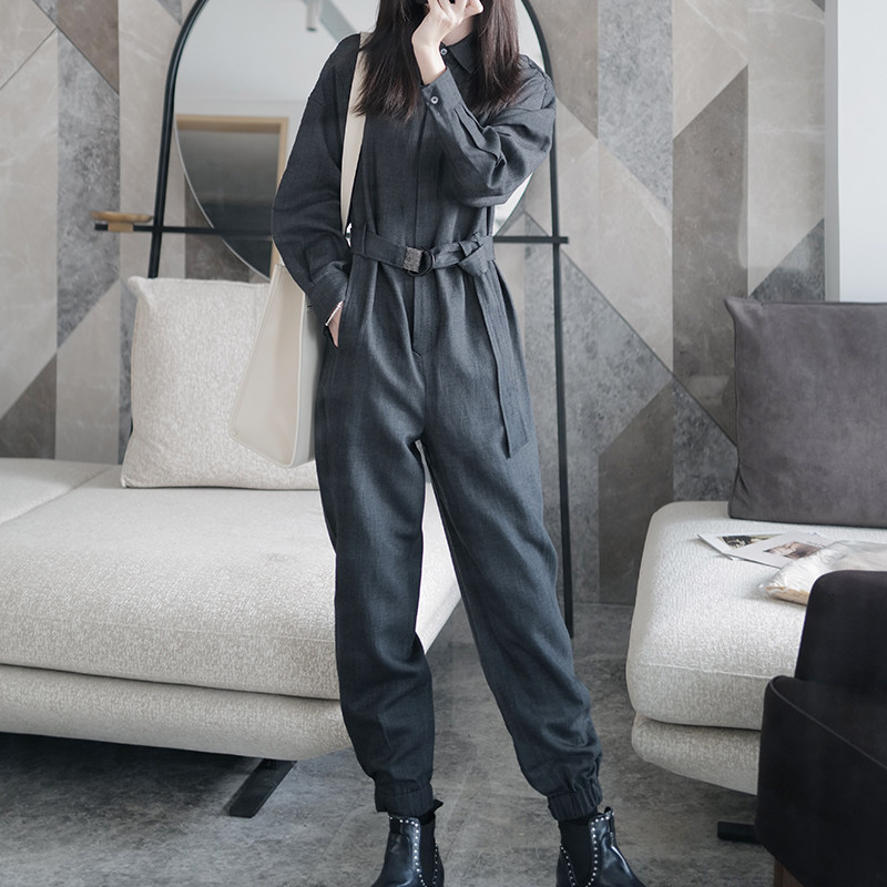 炭灰色全羊毛连体裤女2021年秋冬新款帅气时尚高腰直筒束脚连衣裤_虎窝淘
