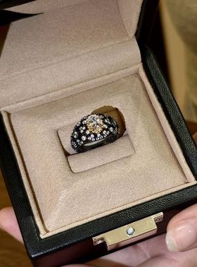 S925纯银镀黑金轻奢复古满天星闪钻鸽子蛋戒指中古风重工时髦钻戒