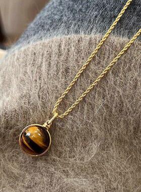 vingate虎眼石吊坠颈链百搭圆形