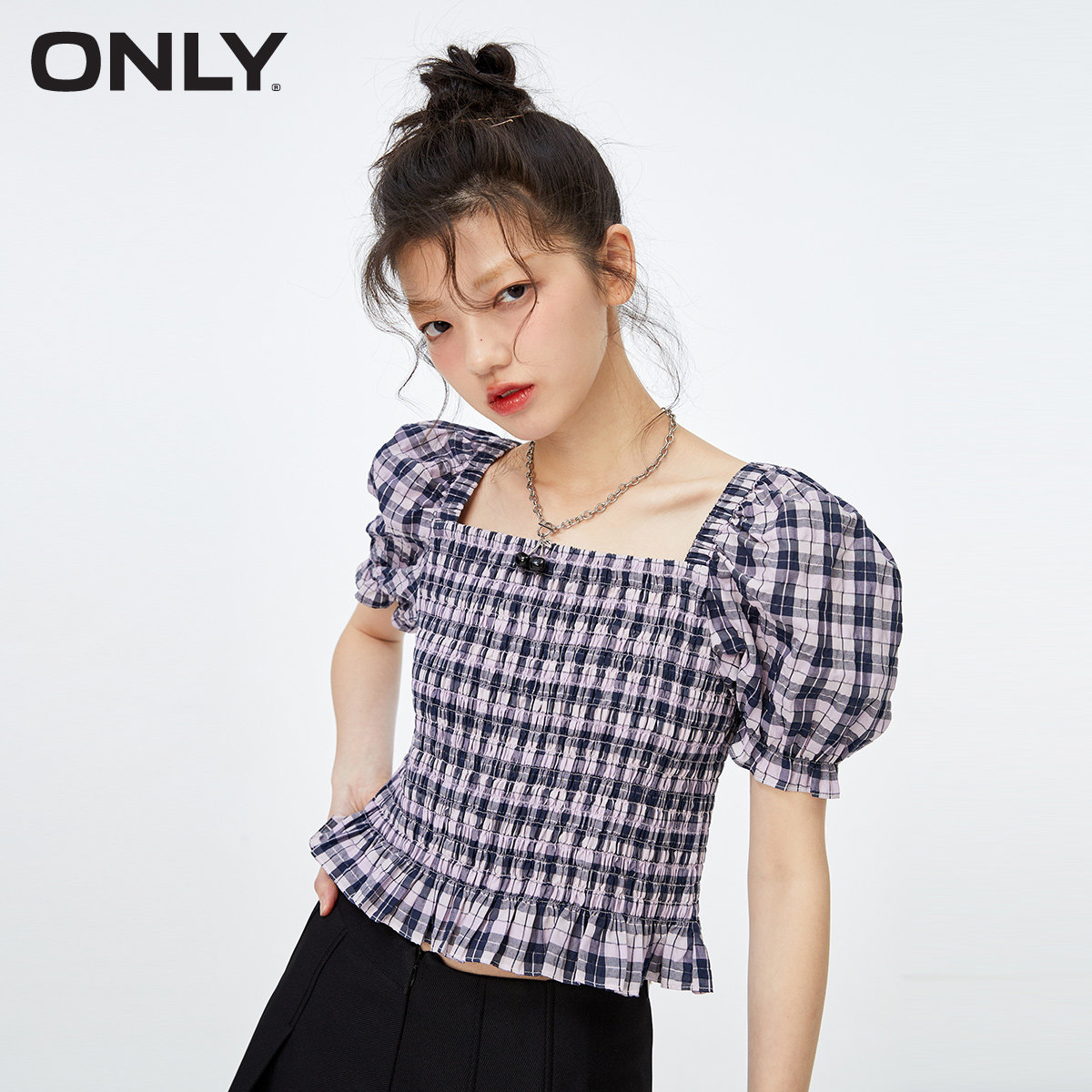 only奥莱春季修身短款收腰雪纺衫 ONLYoutlets店蕾丝衫/雪纺衫