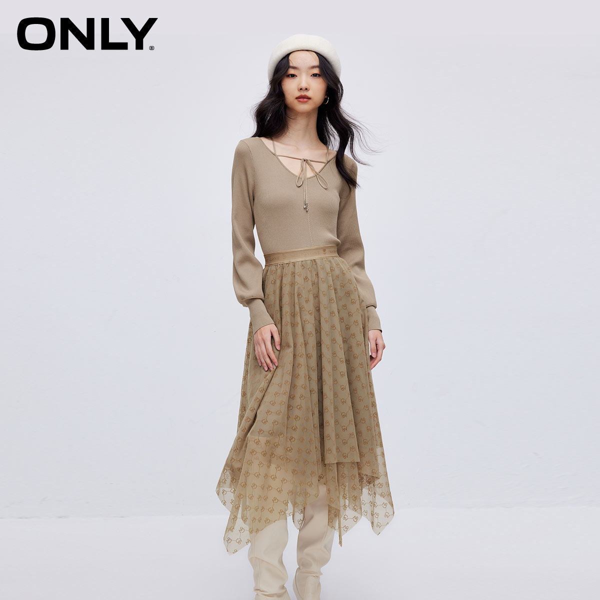 【ONLY奥莱】秋季淑女气质收腰U领中长款纱裙连衣裙女