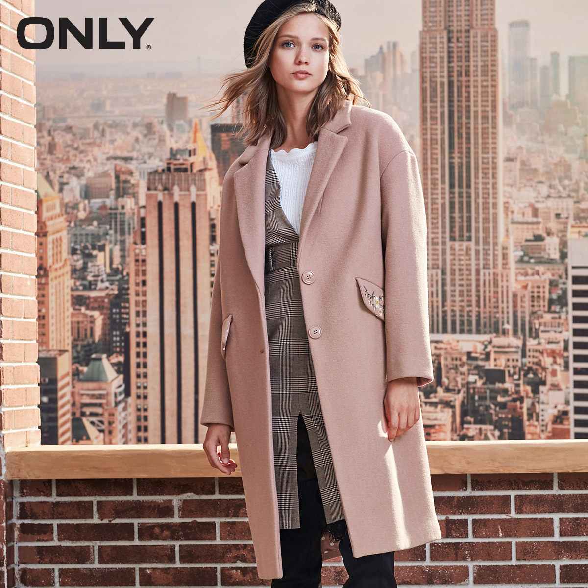 only清仓秋季新款羊毛刺绣毛呢大衣 ONLYoutlets店毛呢外套