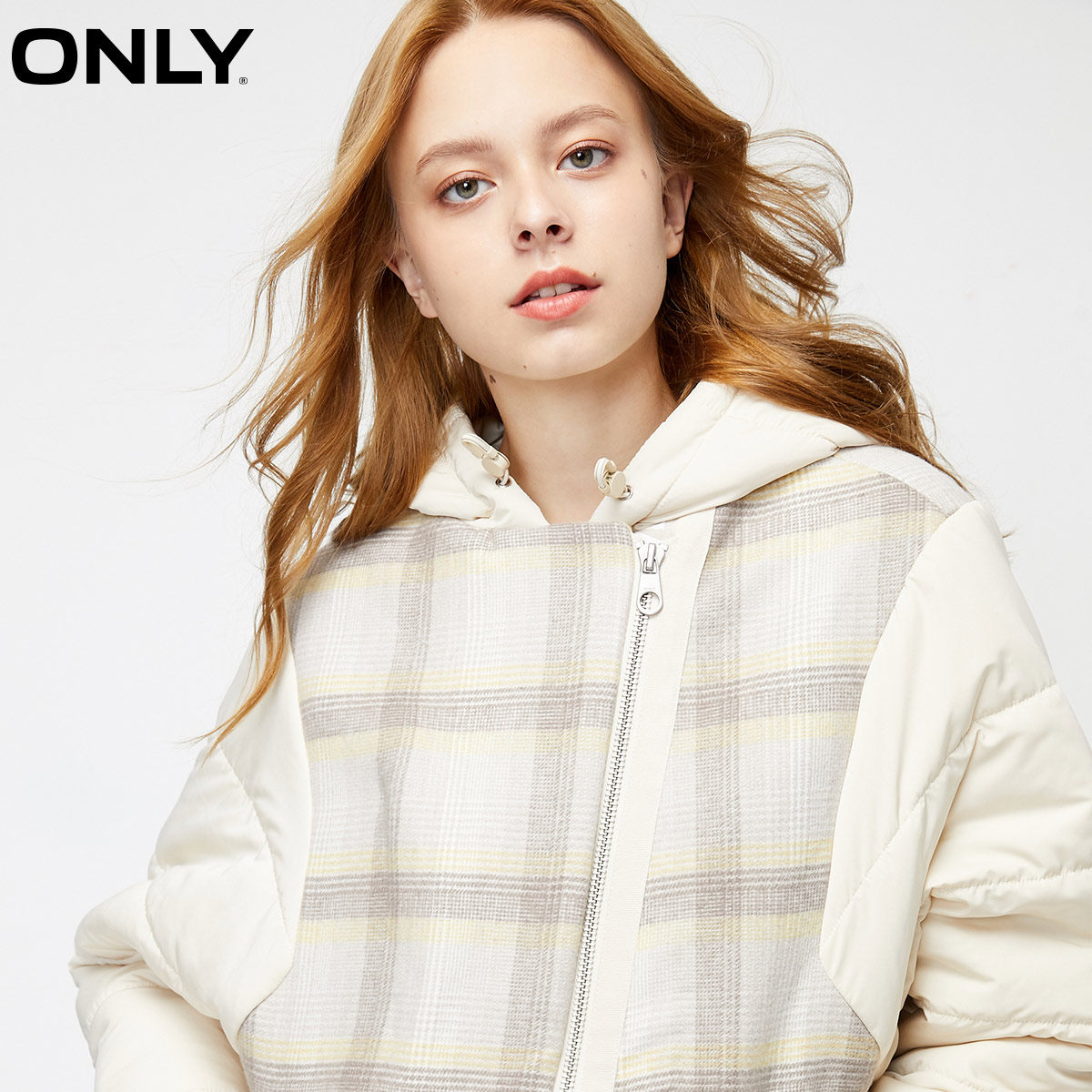 only夏季新款格子拼接蝙蝠袖棉服 ONLYoutlets店毛呢外套