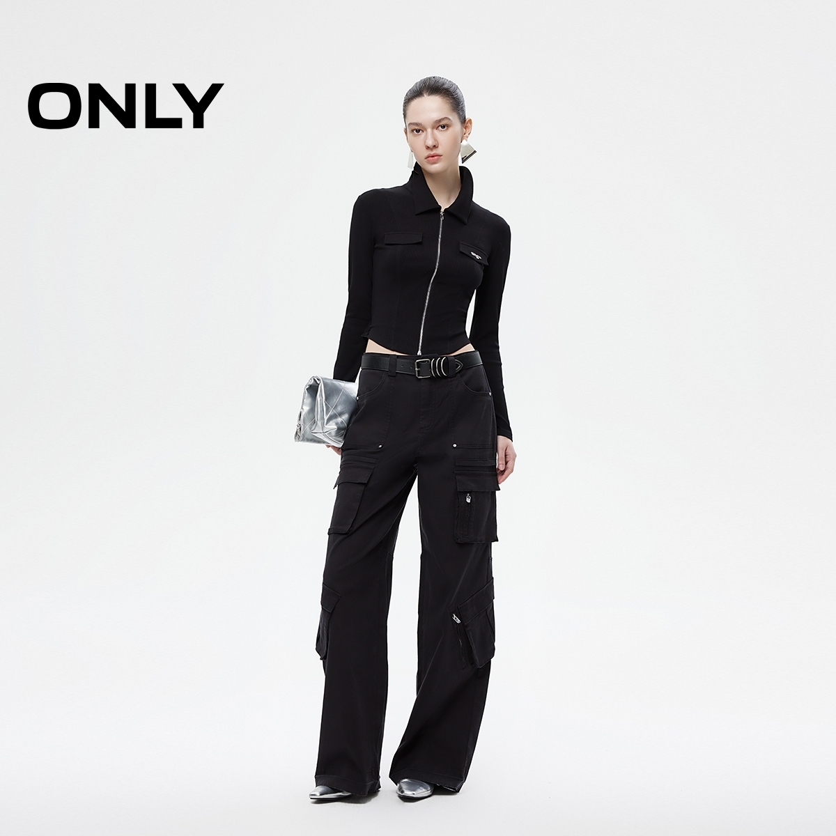 ONLY奥莱2025秋季新款时尚辣妹风正肩翻领长袖开衫T恤女