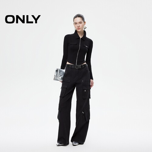 ONLY2026春季新款时尚辣妹风正肩翻领拉链开衫黑色T恤女 - 图1