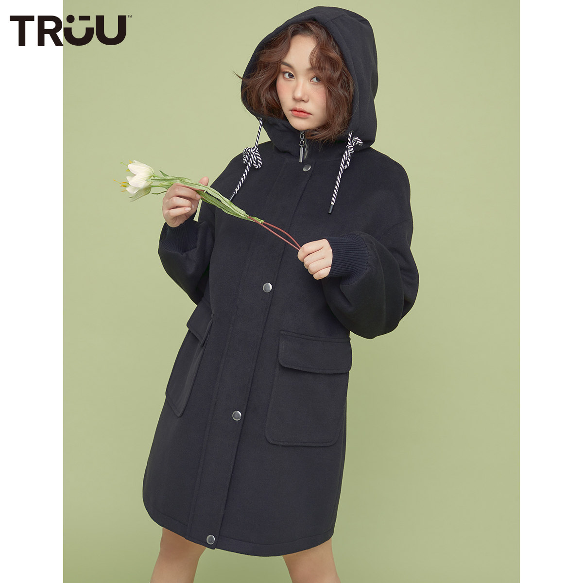 truu秋季新款刺绣宽松中长款毛呢 ONLYoutlets店毛呢外套