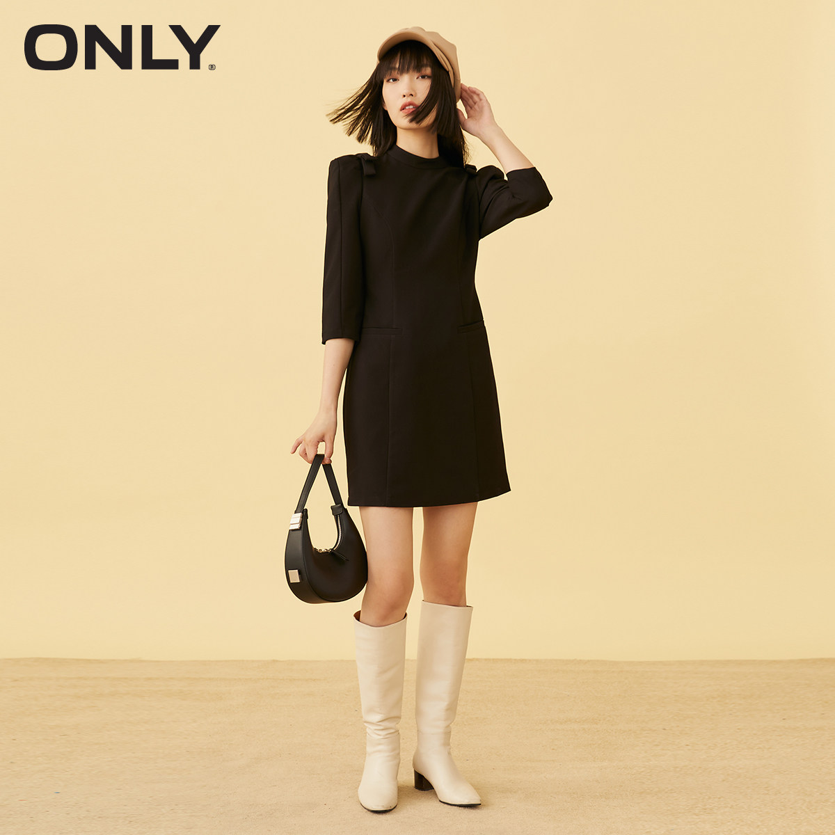 only2021冬季新款黑色收腰连衣裙 ONLYoutlets店连衣裙