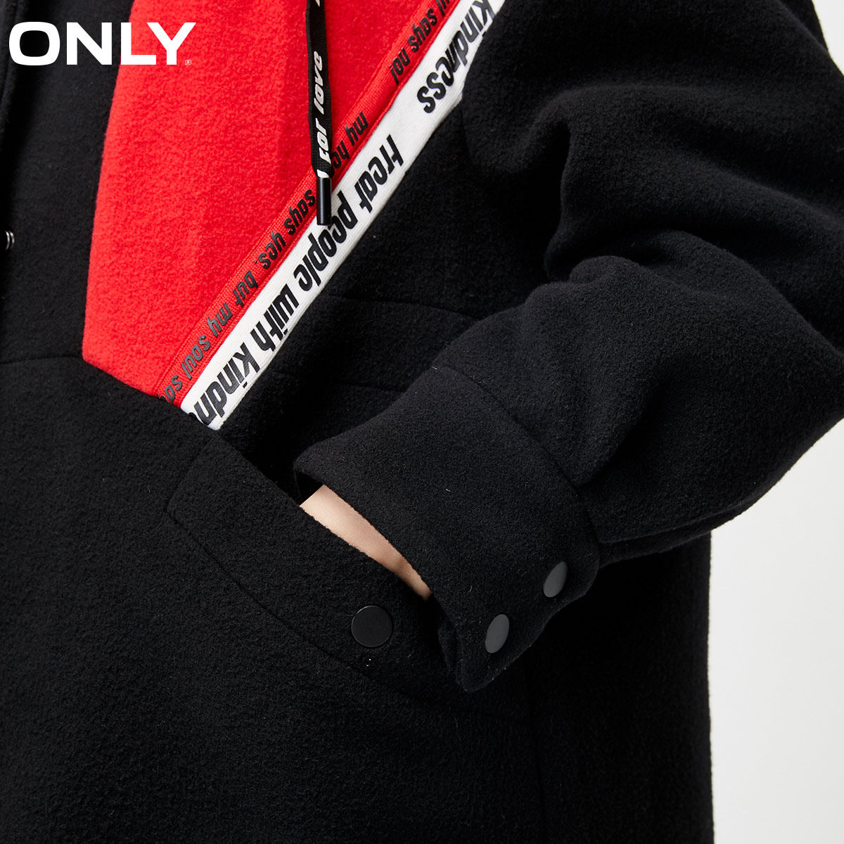 only奥莱加厚连帽中长款棒球服毛呢 ONLYoutlets店毛呢外套