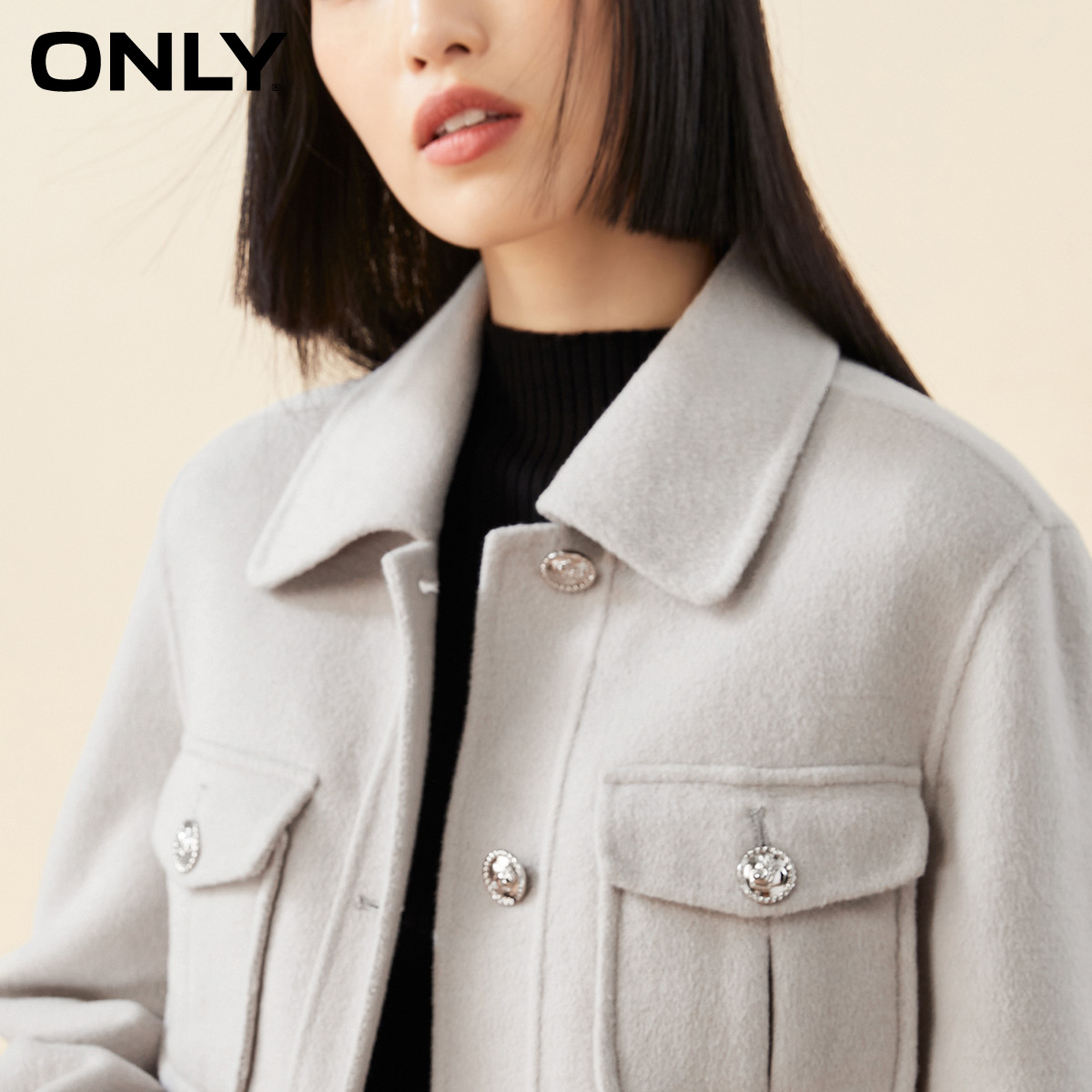 only2021冬新款短款羊毛毛女呢大衣 ONLYoutlets店毛呢外套