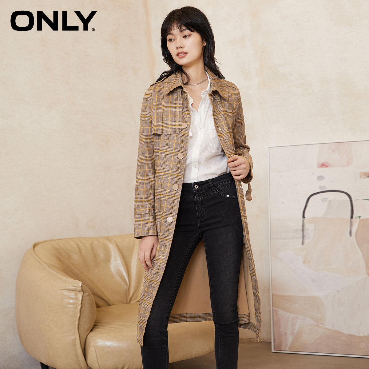 only2020气质英伦风中长款格子风衣 ONLYoutlets店风衣