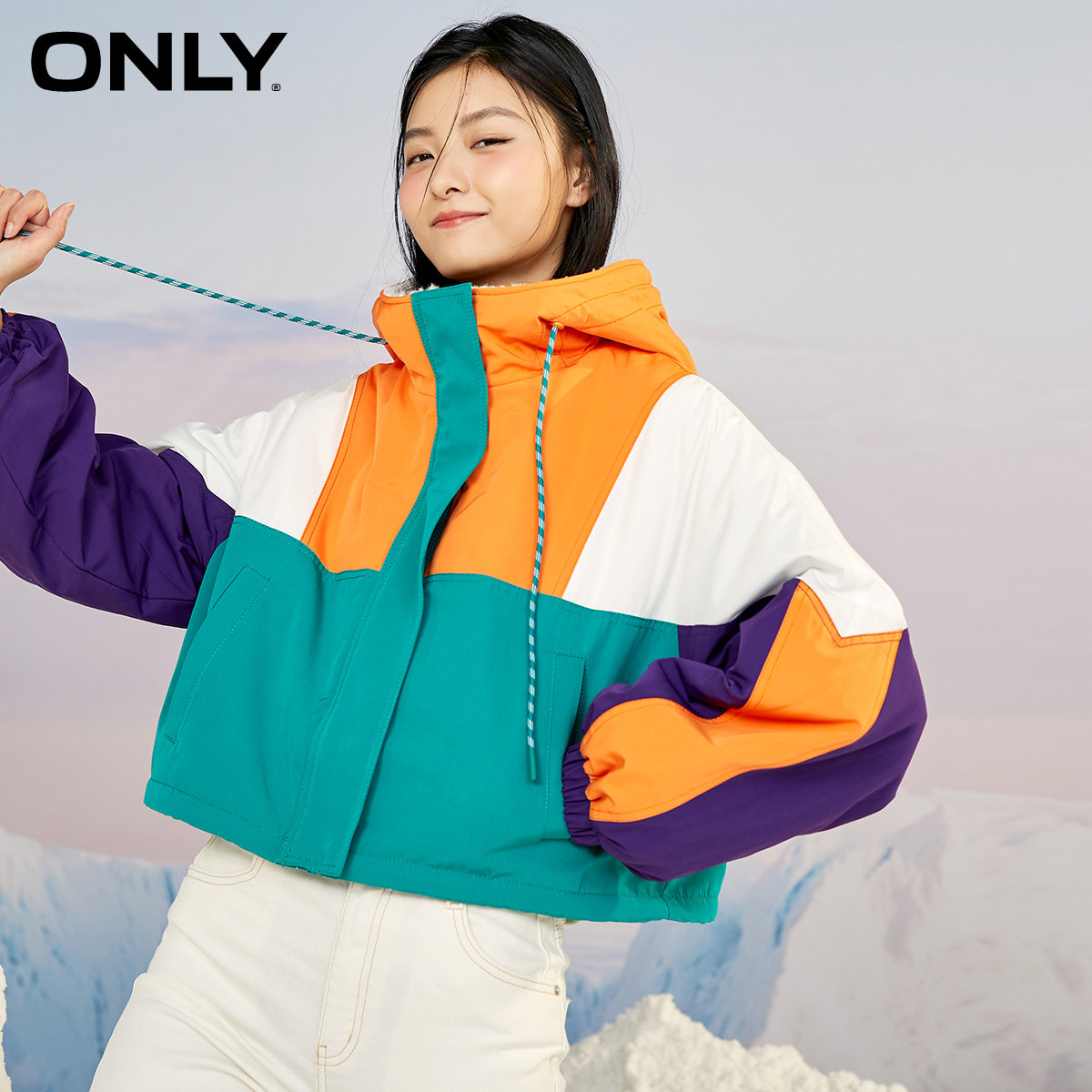 only2021时尚撞色拼接连帽直筒棉服 ONLYoutlets店棉衣/棉服