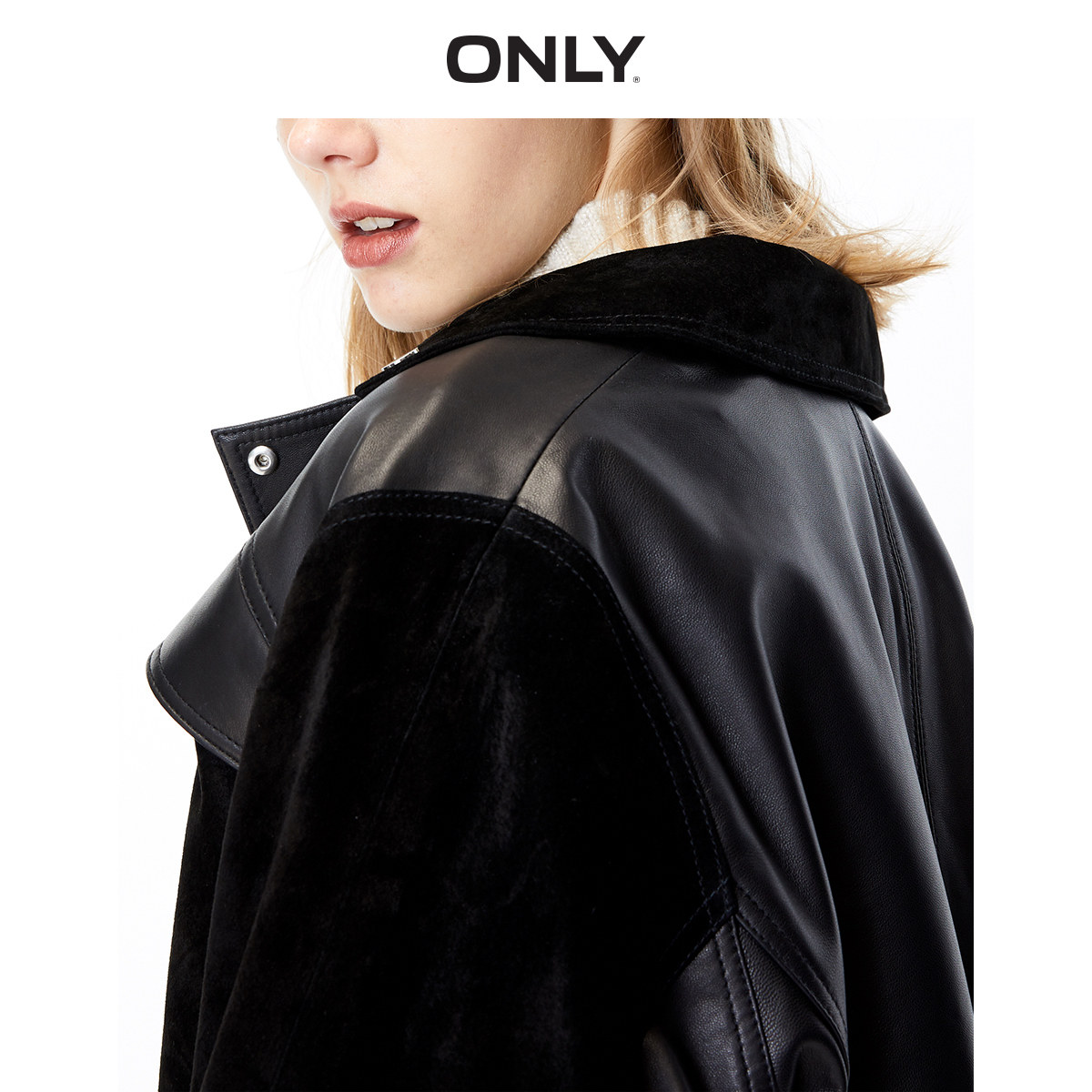only奥莱冬季新款绒面拼接设计皮衣 ONLYoutlets店皮衣