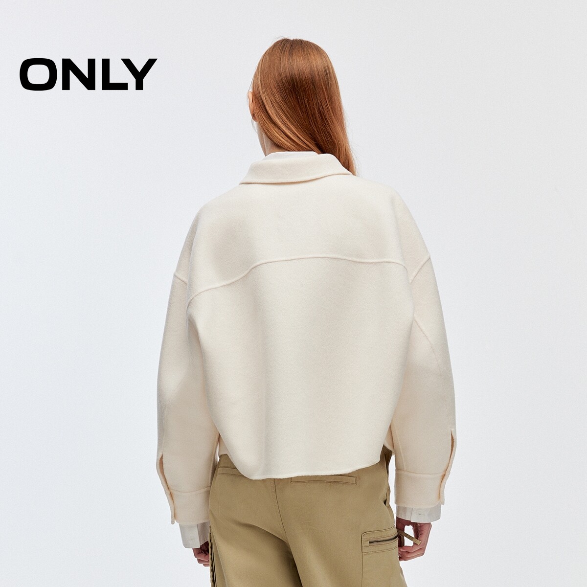 ONLY2025冬季新款双面呢大口袋宽松舒适落肩短款衬衫毛呢大衣女 - 图3