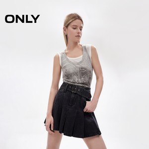 【ONLY奥莱】春款甜美减龄腰带装饰A字百褶高腰短裙牛仔半身裙女