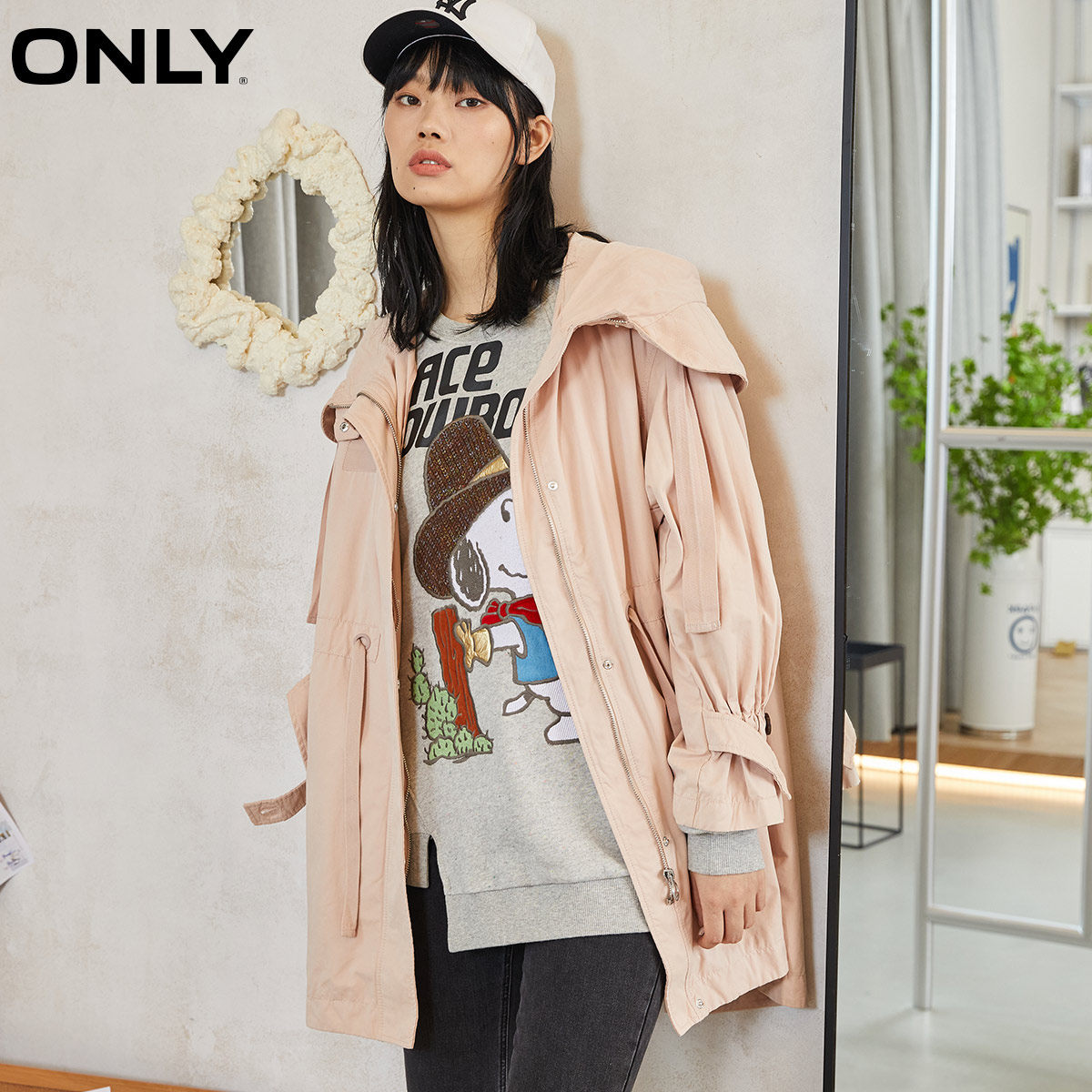 only奥莱休闲派克抽绳收腰连帽风衣 ONLYoutlets店风衣