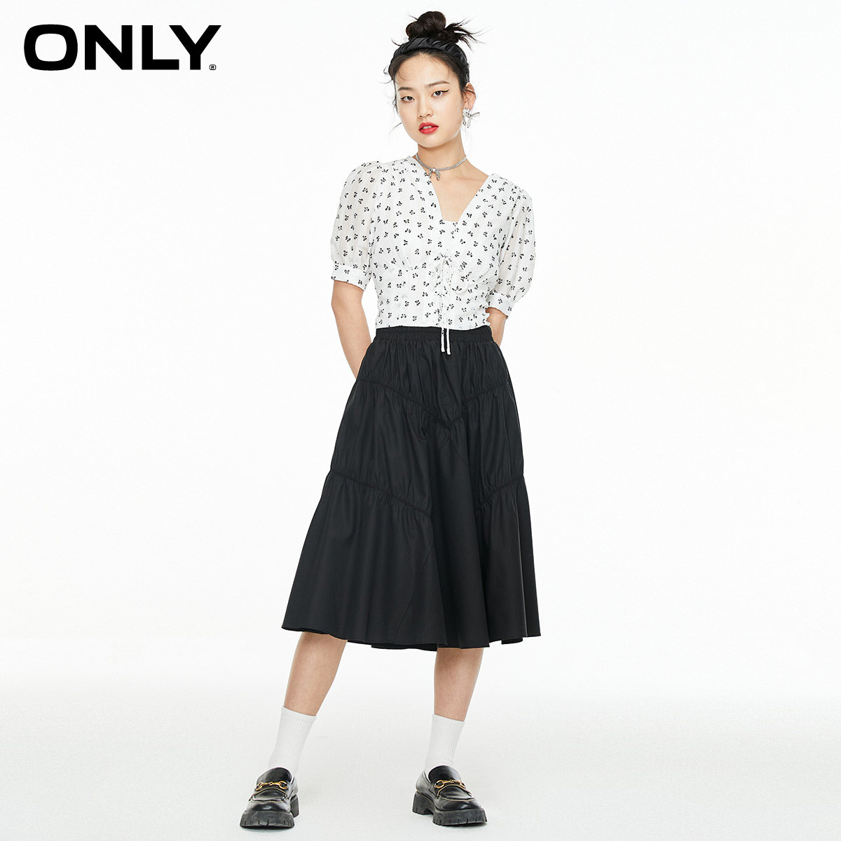 only奥莱春季新款泡泡袖系带雪纺衫 ONLYoutlets店蕾丝衫/雪纺衫