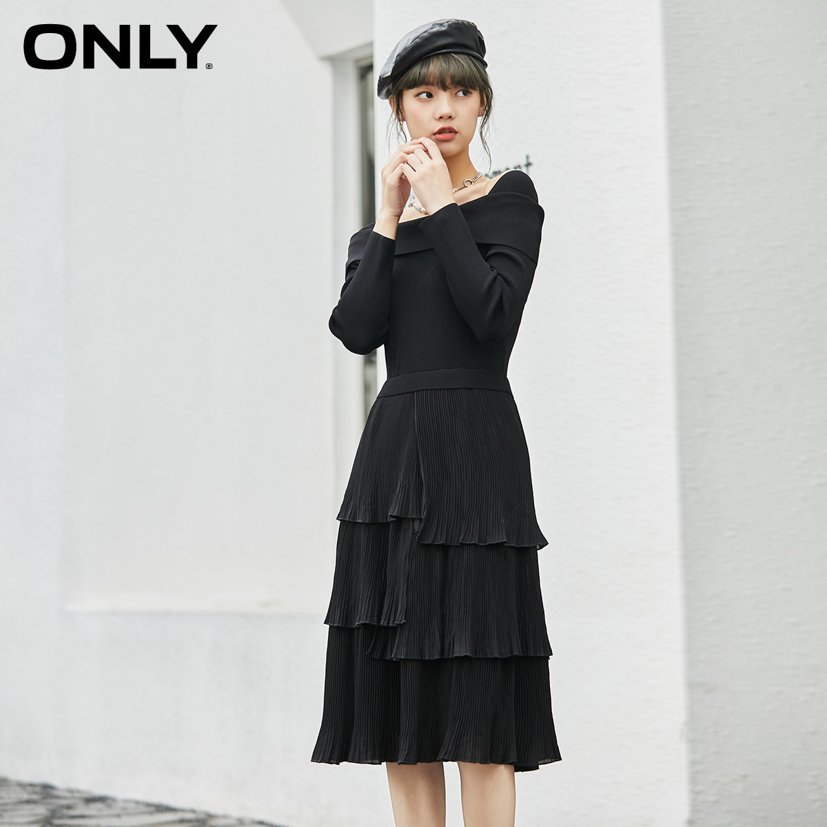 only冬季新款一字领中长款连衣裙 ONLYoutlets店连衣裙