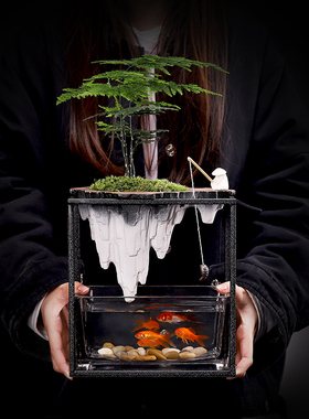 绿植盆栽小鱼缸造景地柏文竹摆件