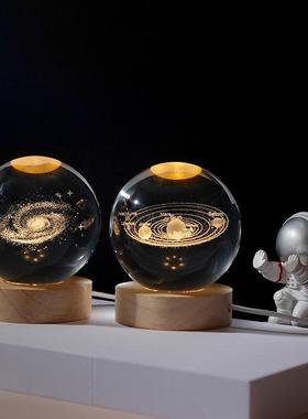 日本进口无印3d内雕水晶球小夜灯星系玻璃球木质发光底座桌面摆件