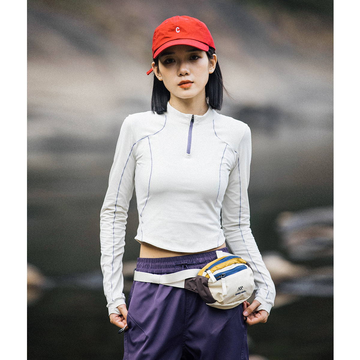 Mountain户外短款辣妹紧身半拉链速干长袖T恤运动骑行7A抗菌上衣 - 图1