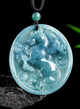 A货翡翠蓝水冰种马上发财吊坠