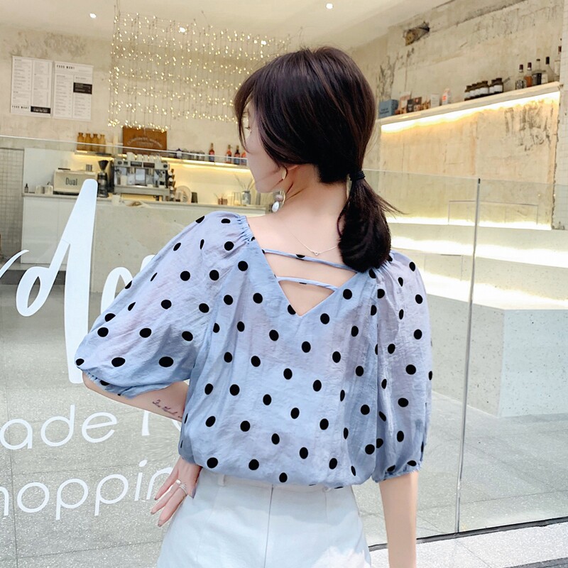 波点女夏短袖2020年新款宽松衬衫 素手挽歌蕾丝衫/雪纺衫