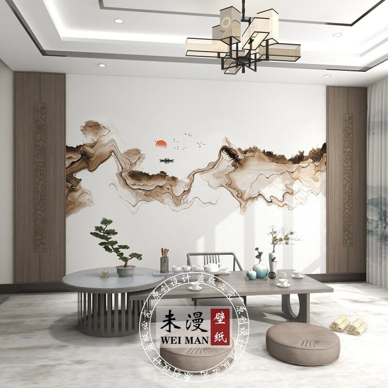 新中式轻奢抽象意境山水壁纸客厅电视背景墙纸书房卧室茶室装饰画_虎窝淘