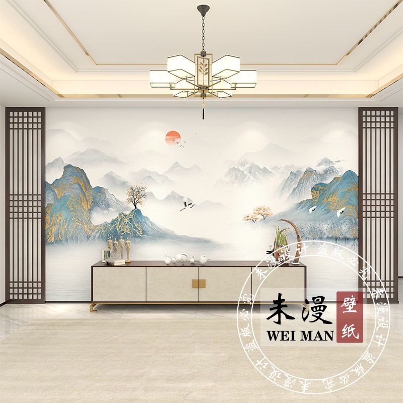 新中式大气山水电视背景墙壁纸意境水墨客厅沙发影视墙布无缝壁画_虎窝淘