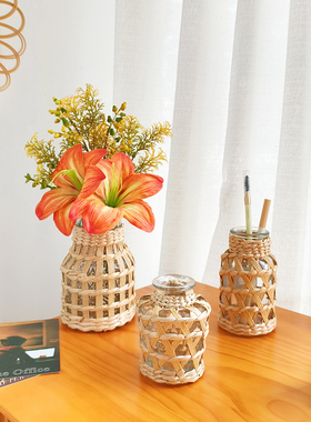 ins风草编玻璃花瓶拍照氛围道具拍摄场景布置假花仿真花束小摆件