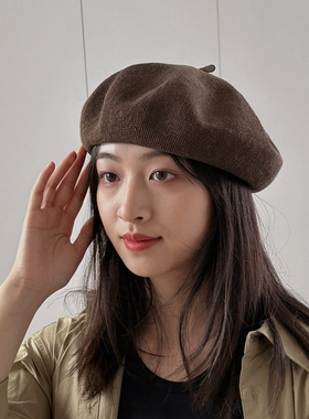 浅蓝色亚麻透气薄款春夏贝雷帽