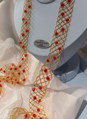 法式金色蕾丝编织红色玻璃长流苏项链小众设计感轻奢千金感锁骨链