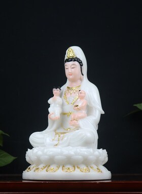 热销汉白玉送子观音菩萨家用供奉菩萨F包邮桌面双童送子观音神佛