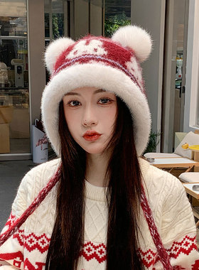 甜美双耳毛线帽子女秋冬季大头围保暖提花针织帽显脸小护耳包头帽