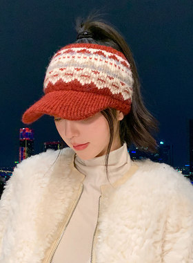 秋冬季运动鸭舌帽女时尚提花针织空顶帽扎马尾跑步保暖护耳毛线帽