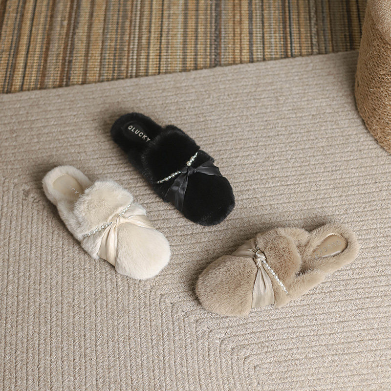 加绒包头半拖鞋女2025冬季新款外穿平底毛毛鞋珍珠仙女风软底棉鞋,淘宝优惠券,粉丝福利购,淘宝优惠卷