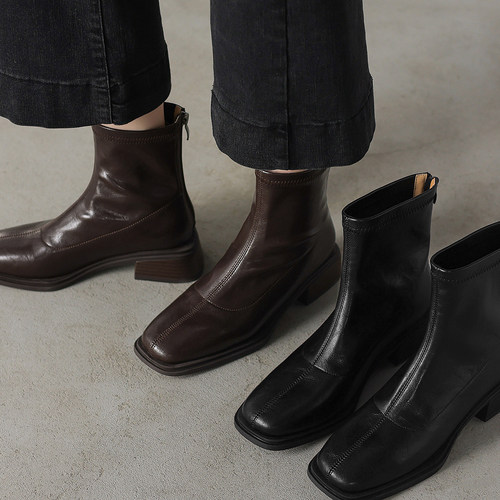 英伦风马丁靴女2025秋冬季新款方头粗跟弹力瘦瘦靴加绒切尔西短靴 - 图0