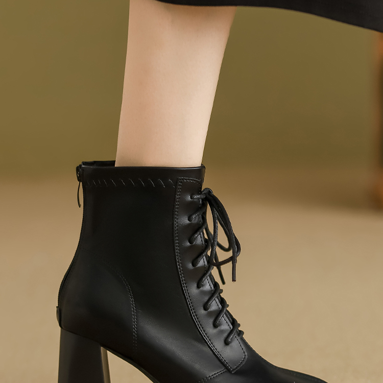 英伦风马丁靴女2025新款秋冬加绒系带后拉链百搭高跟真皮粗跟短靴 - 图0