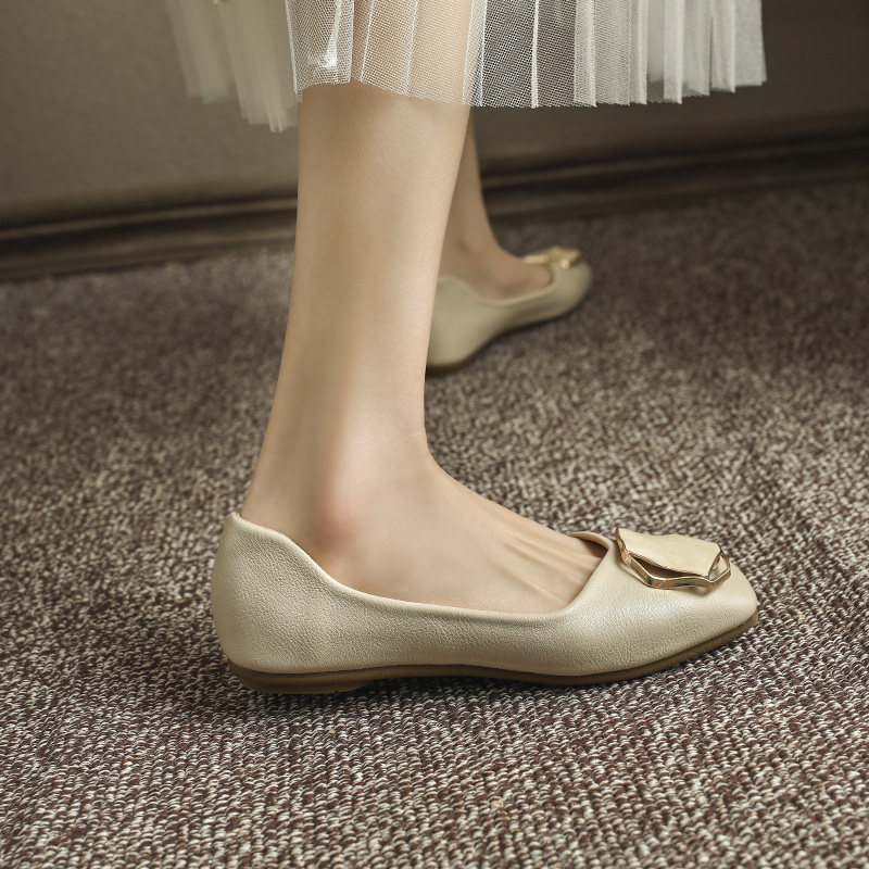 真皮单鞋女2025春夏新款百搭时尚方头浅口平底软底气质舒适奶奶鞋,淘宝优惠券,粉丝福利购,淘宝优惠卷